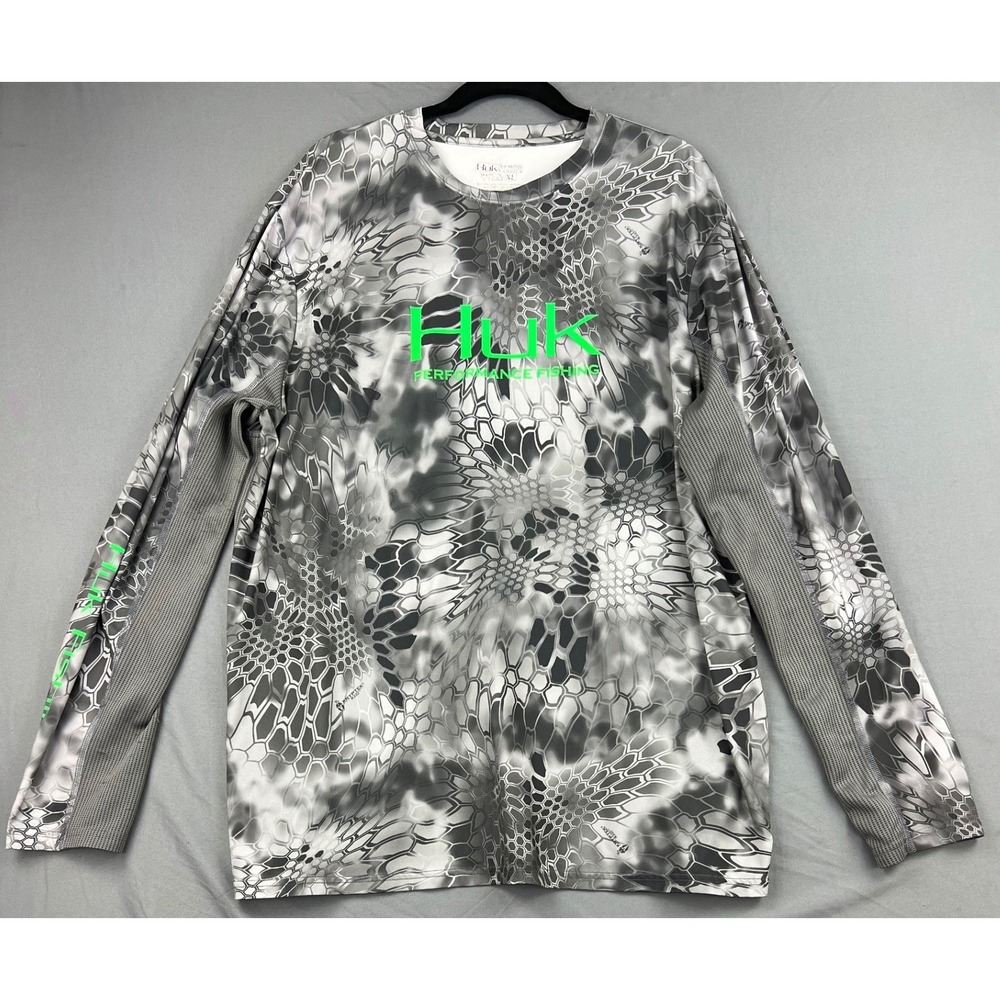 Huk Fishing Shirt Mens XL Grey Kryptek Raid Camo Long Sleeve Performance Good